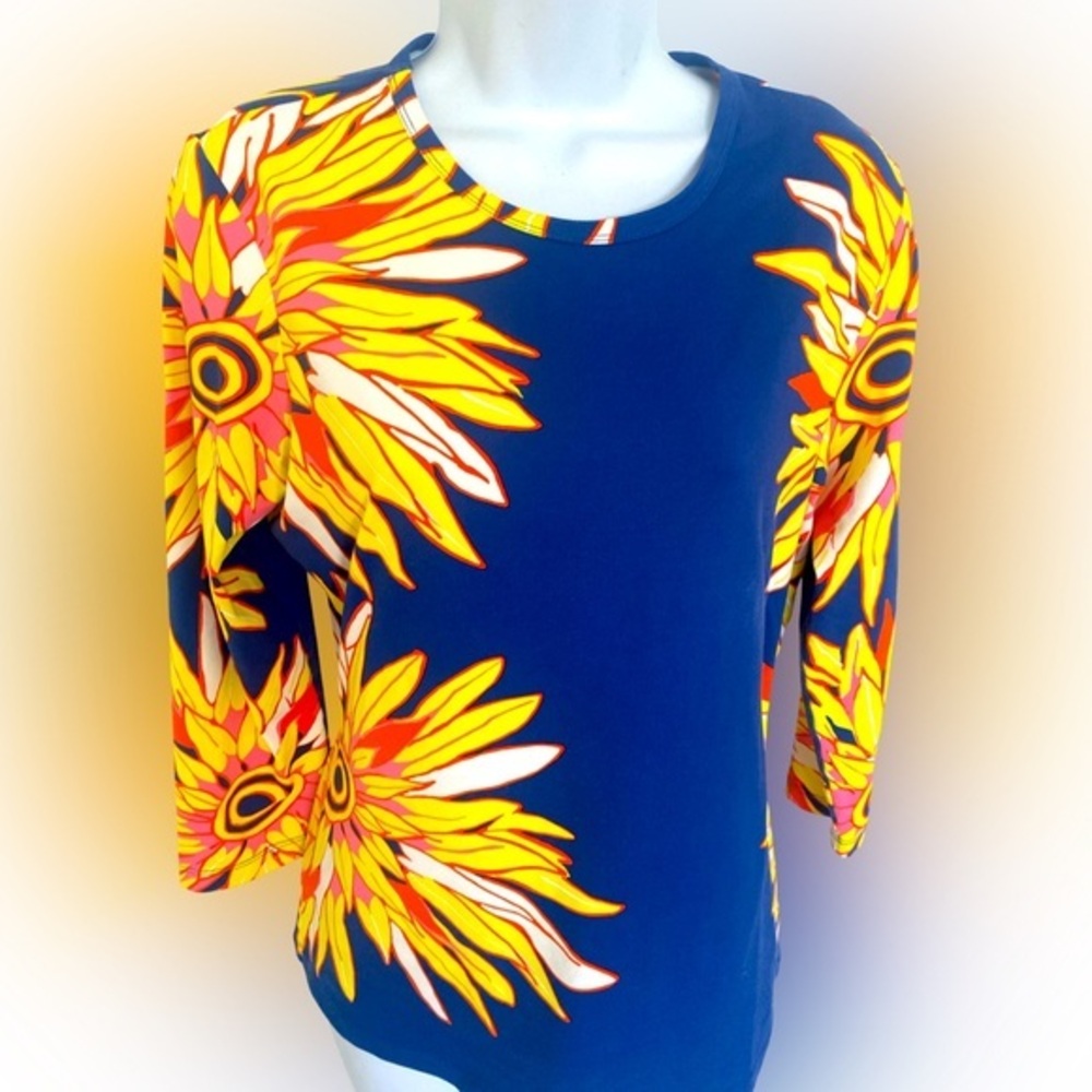 J McLaughlin Floral Top - M navy , yellow , pink , nylon spandex
